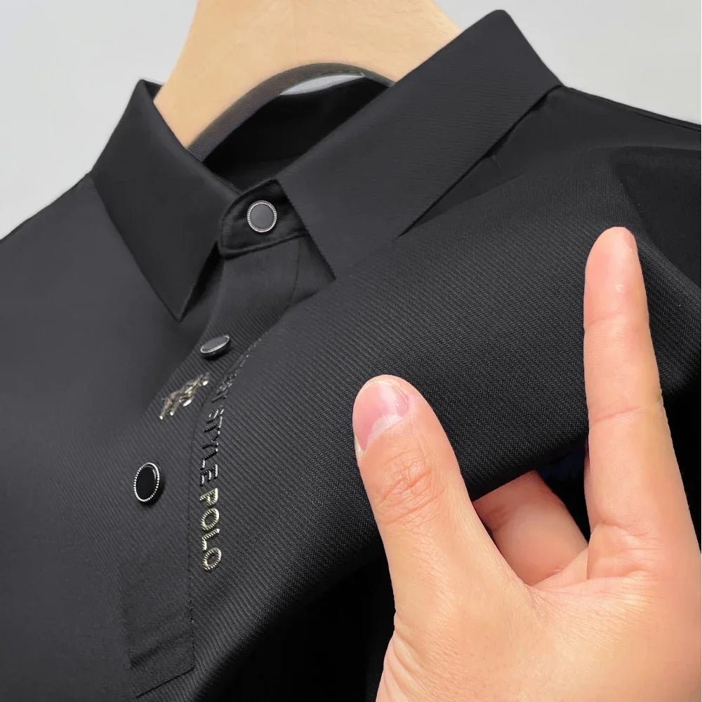 Ice Silk Embroidery Summer Polo Shirt Lapel Elasticity T-shirt Short Sleeve