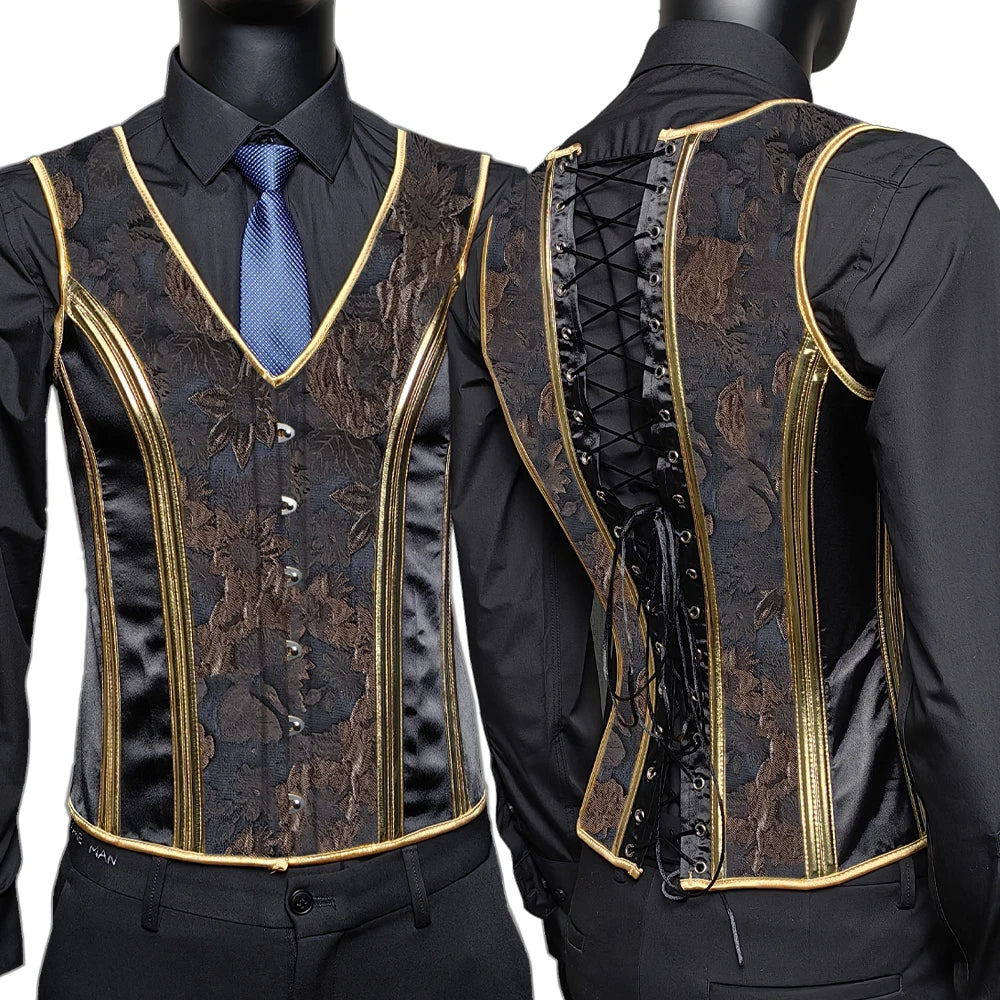 Men’s Waist Trainer Corset Vest – Lace-Up Vintage Waistcoat with Boning