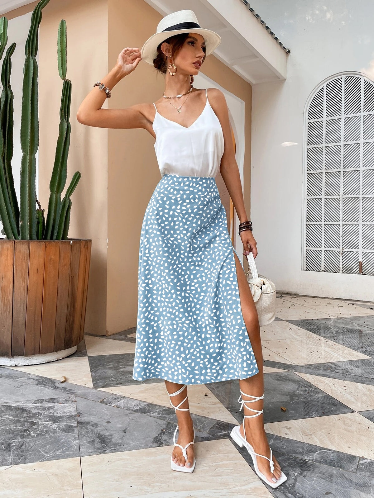Boho Split Thigh Allover Print Women Skirts  Long Length High Waist With Zipper Slight Stretch