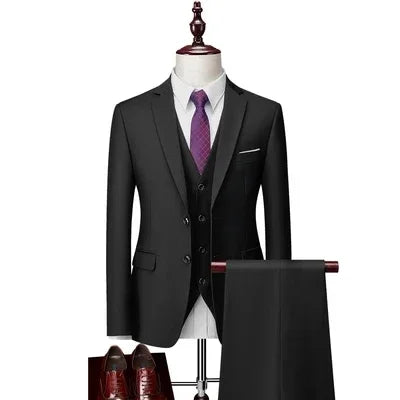 Men’s 3-Piece Slim Fit Suit Set – Blazer, Vest & Pants | Casual Business Solid Color Outfit