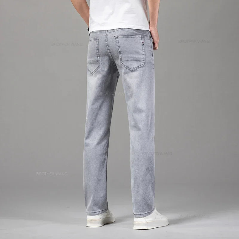 Men's Elastic Cotton Jeans Fashion Gray Comfortable Business Straight Casual Pants