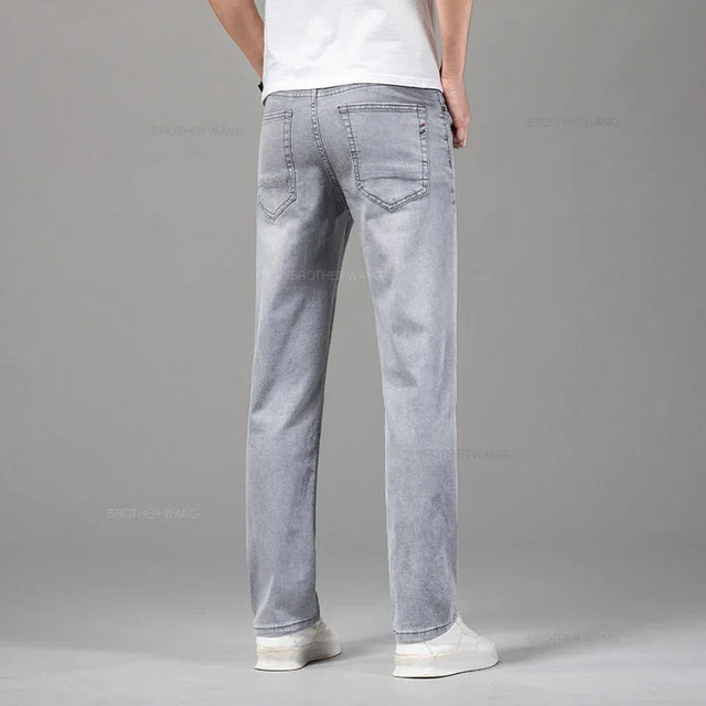 Men's Elastic Cotton Jeans Fashion Gray Comfortable Business Straight Casual Pants
