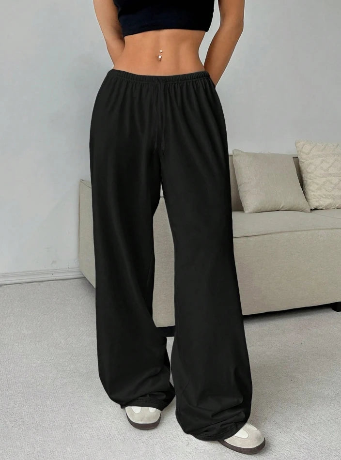 Women Casual Straight Leg Loose Solid Color Elastic Drawstring High Waisted Wide Leg Pants