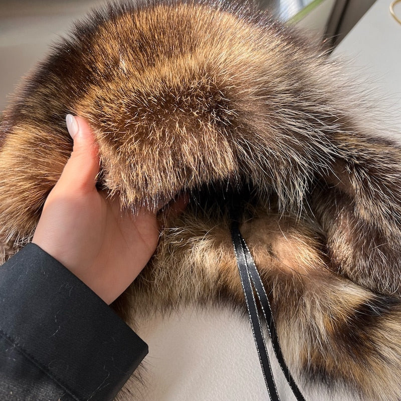 Raccoon Fur Cap Tail Women Natural Raccoon Fur Caps Ushanka Hats Thick Warm Ears Fashion Bomber Pom Pom Hat