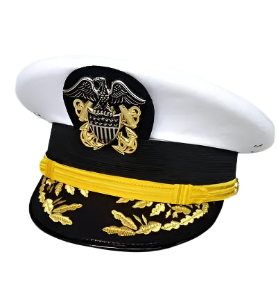 White captain's hat with black band, gold emblem, and yellow band on a light gray background