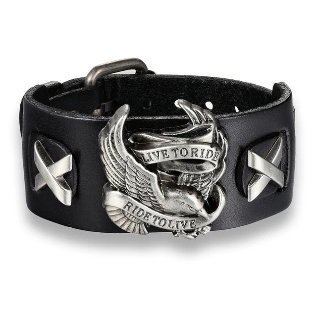 Genuine Leather Ride to live Biker Eagle Bracelets Men Gothic Rock Wide Cuff Wristband