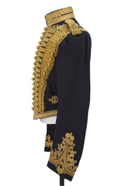 Black military jacket with gold embroidery on a gray background