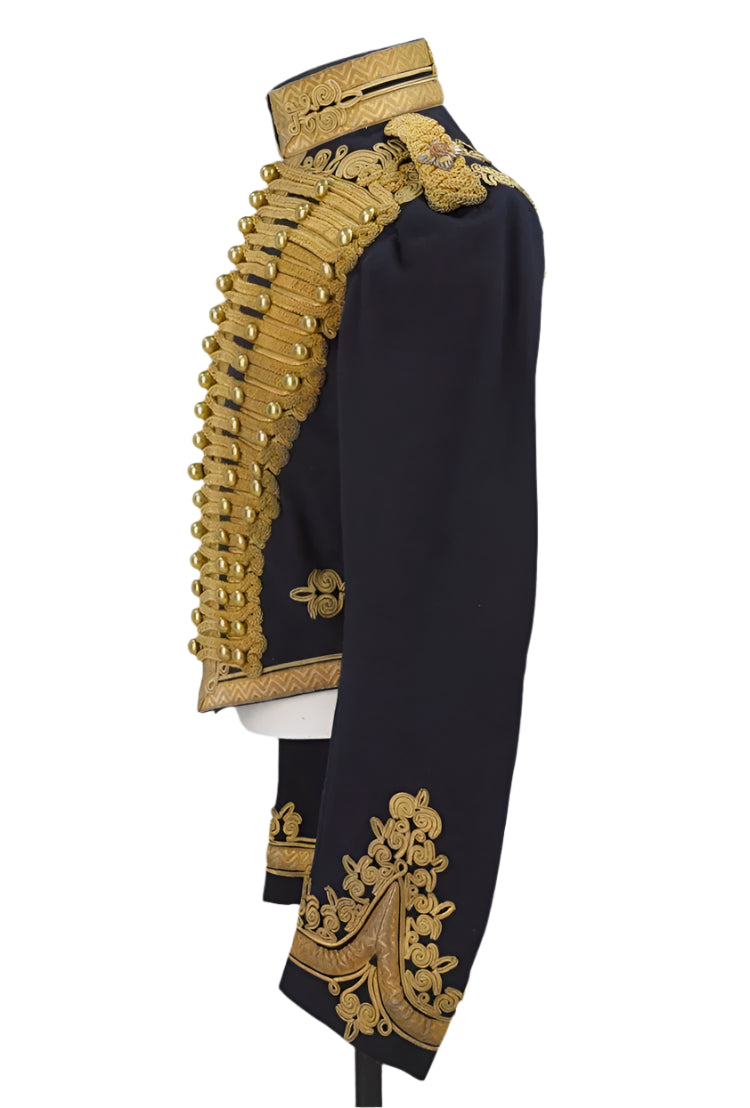 Black military jacket with gold embroidery on a gray background