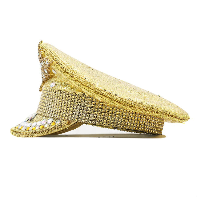 Sequin Burning gold Bride Military Hat Handmade Sailor Captain Sergeant Hat Birthday Festival Part Hat