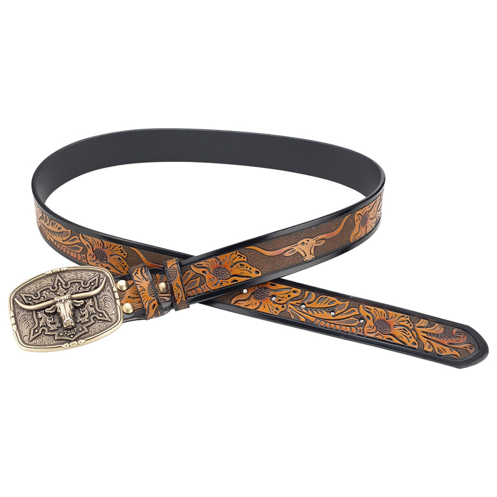 Fashion Men's Belt West Cowboy Genuine Leather Bull Head Buckle