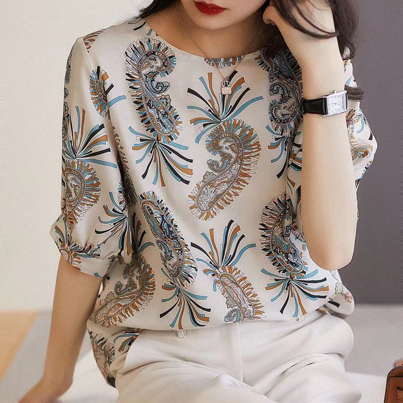 Lady Casual Half Lantern Sleeve O-Neck Flower Printed Shirt