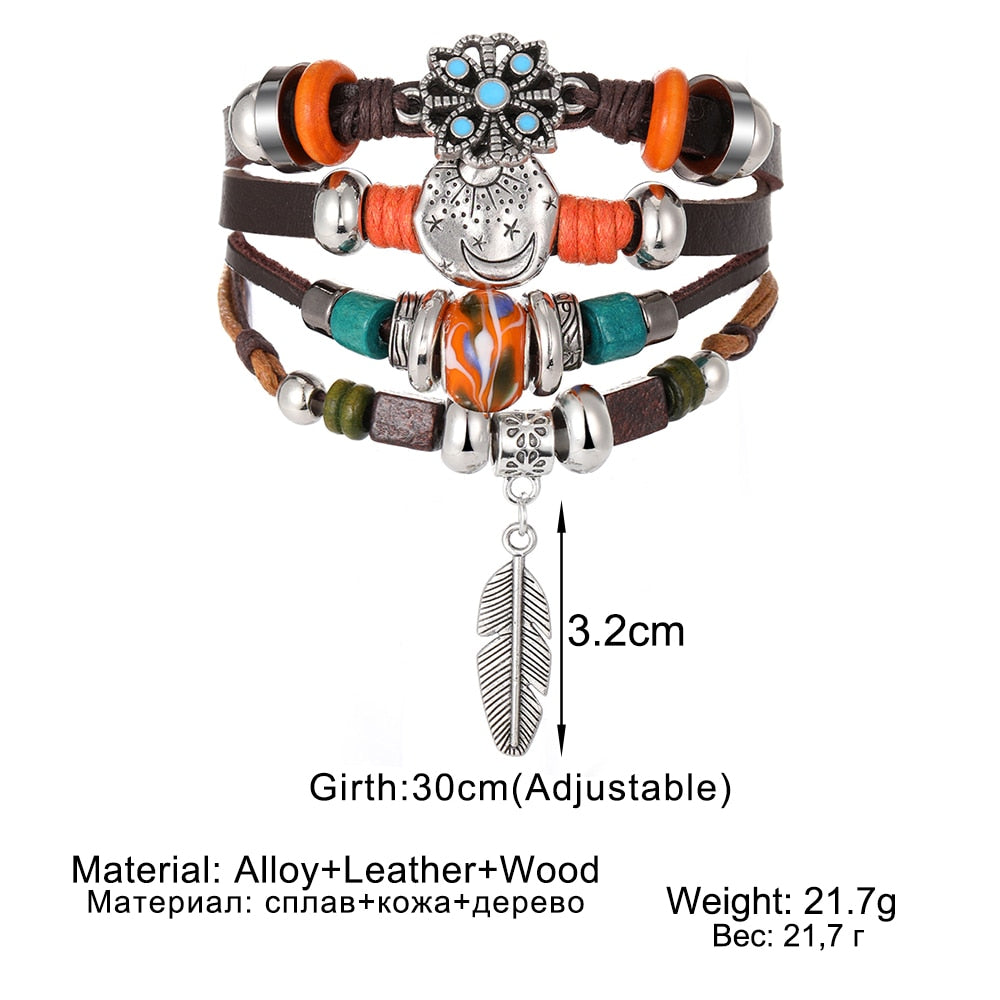 Vintage Gothic Punk Moon Star Metal Multilayer Leather Bracelet Unisex Leaf Bracelets