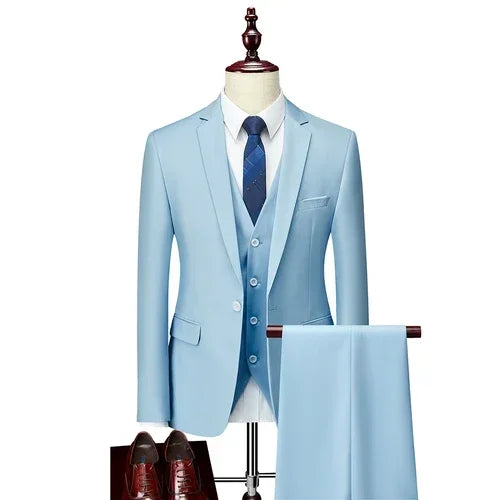 Men’s 3-Piece Slim Fit Suit Set – Blazer, Vest & Pants | Casual Business Solid Color Outfit