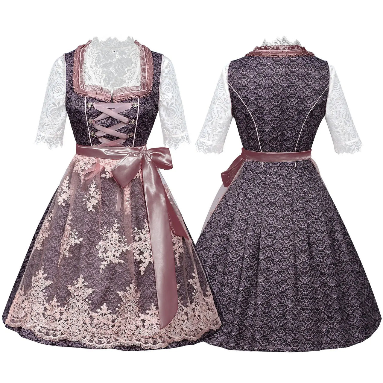 Women’s Purple & Pink Dirndl Dress Set – Bavarian Oktoberfest Costume with Lace Blouse & Embroidered Apron