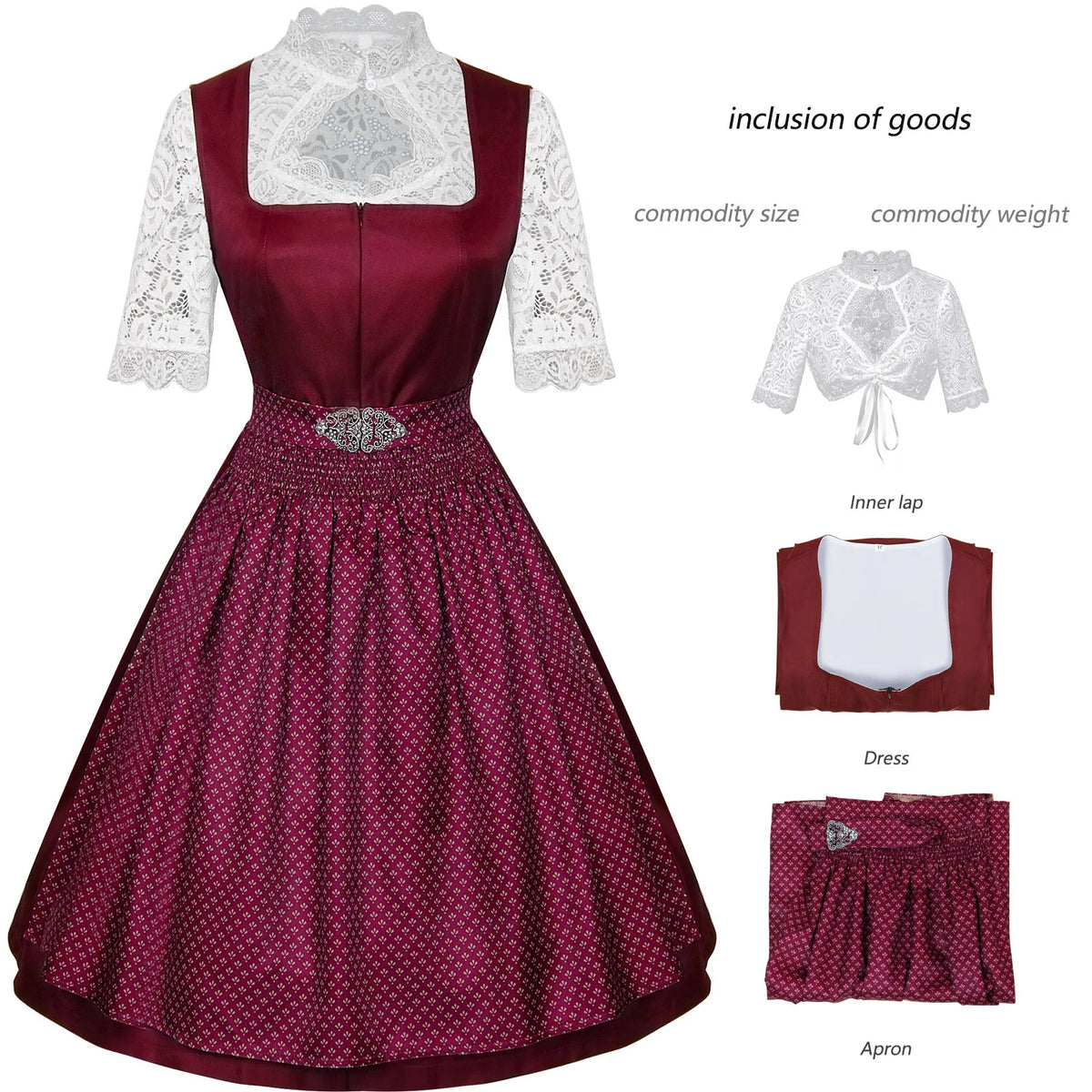 Women’s Elegant Dirndl Dress Set – Oktoberfest Bavarian Costume with Lace Blouse & Patterned Apron