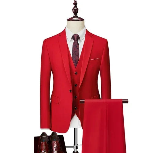 Men’s 3-Piece Slim Fit Suit Set – Blazer, Vest & Pants | Casual Business Solid Color Outfit