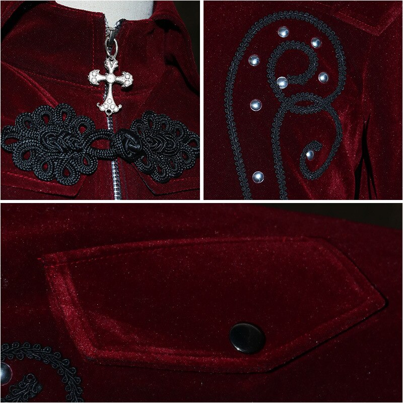 Gothic Carved Black Embroidered Red Velveteen Dovetail Men Coat