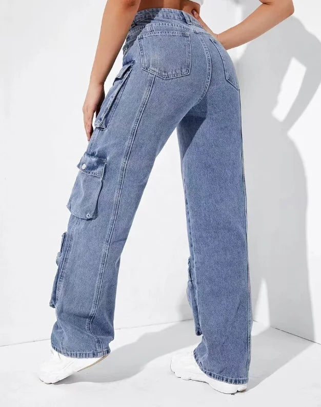 American Retro Handsome Streetwear Women's Fashion Jeans Flip Pocket Denim Cargo Pants High Waist Washed Hiphop Chic Jeans