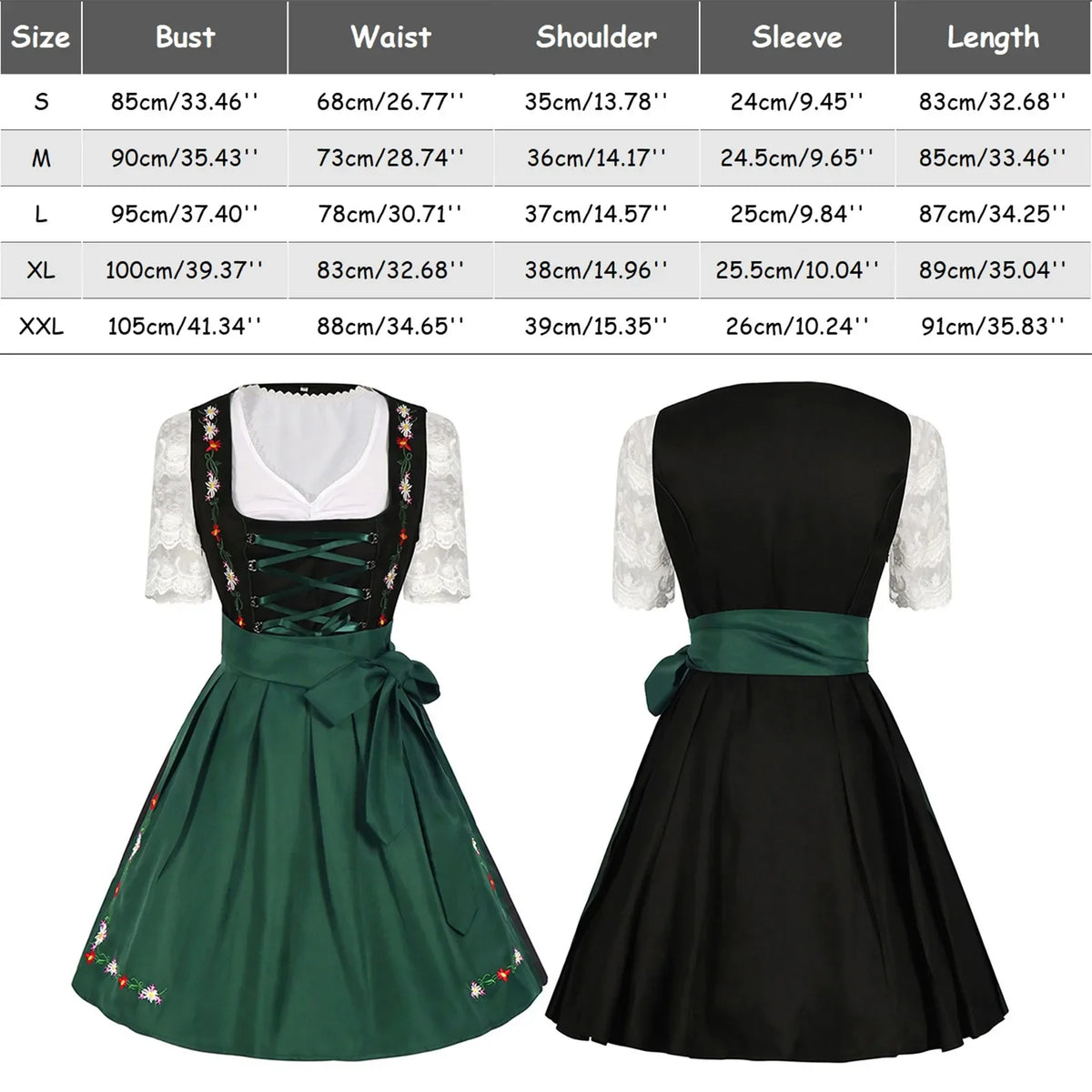 Women’s Black & Green Dirndl Dress – Traditional Bavarian Oktoberfest Costume with Embroidered Apron & Lace Blouse