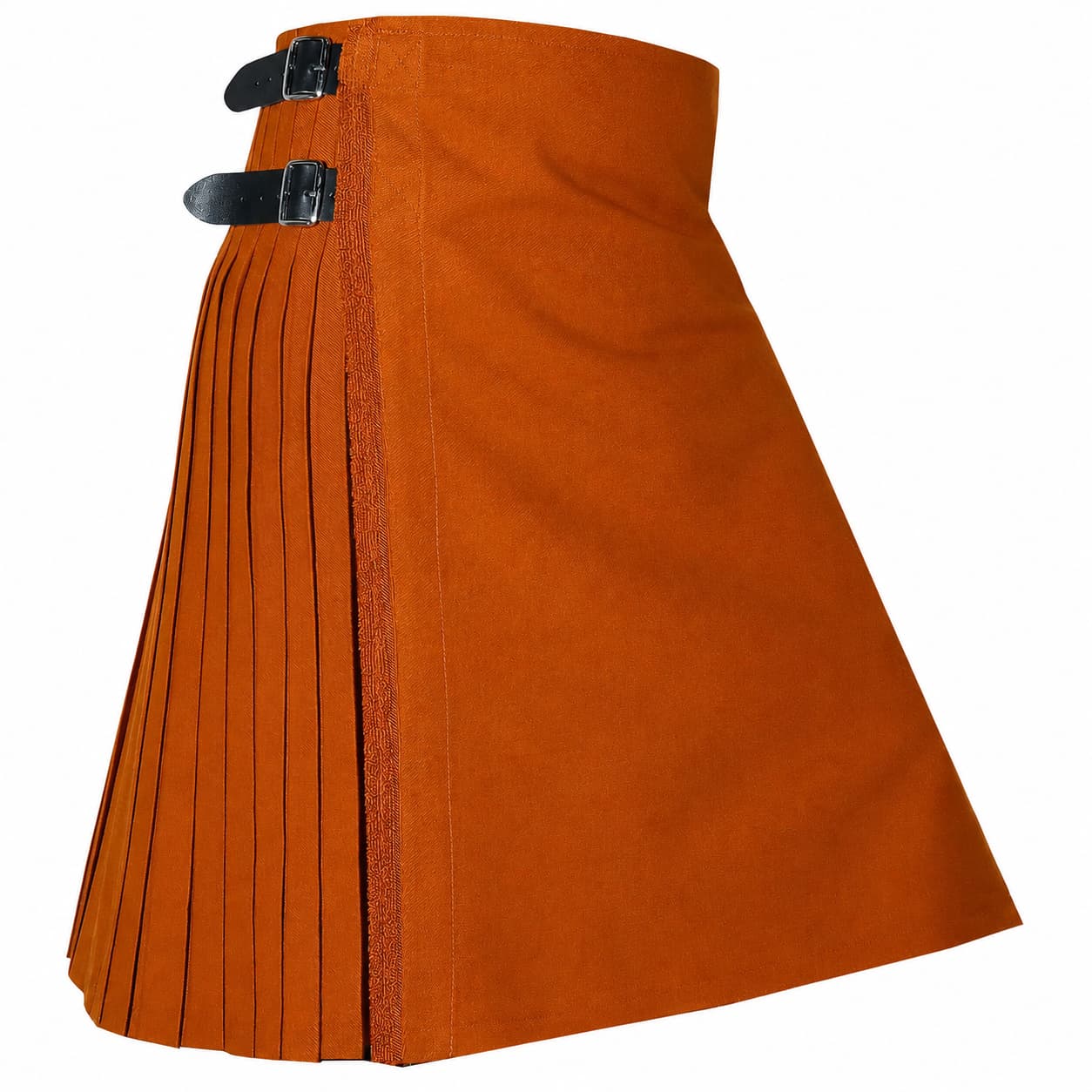 Scottish Highland Dress Saffron Kilt in traditional saffron yellow tartan with pleated design and adjustable buckle fastening Side