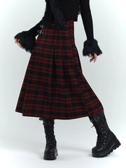 Womens Red Plaid Wool Blend Long Skirt High Waist A Line Gothic Autumn Winter Skirt