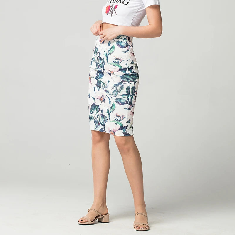 Summer Style Floral Print Midi Skirt Women Spring Pencil Skirt