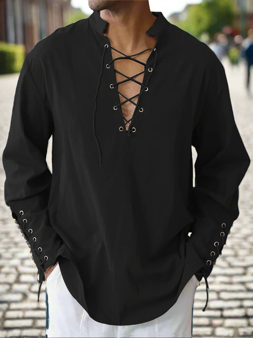Black long-sleeve shirt with lace-up details on a white background