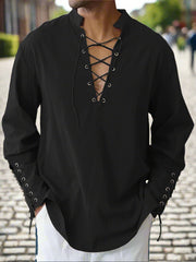 Black long-sleeve shirt with lace-up details on a white background