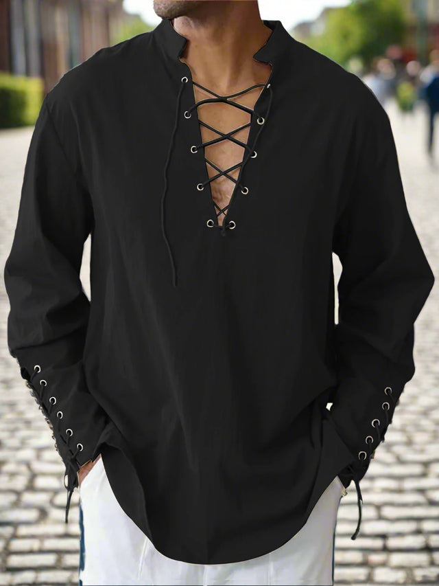 Black long-sleeve shirt with lace-up details on a white background