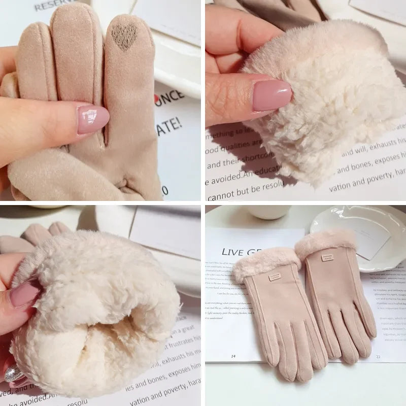 Women Winter Thick Plush Gloves Fashion Warm Suede Outdoor Guantes Lady Touchscreen