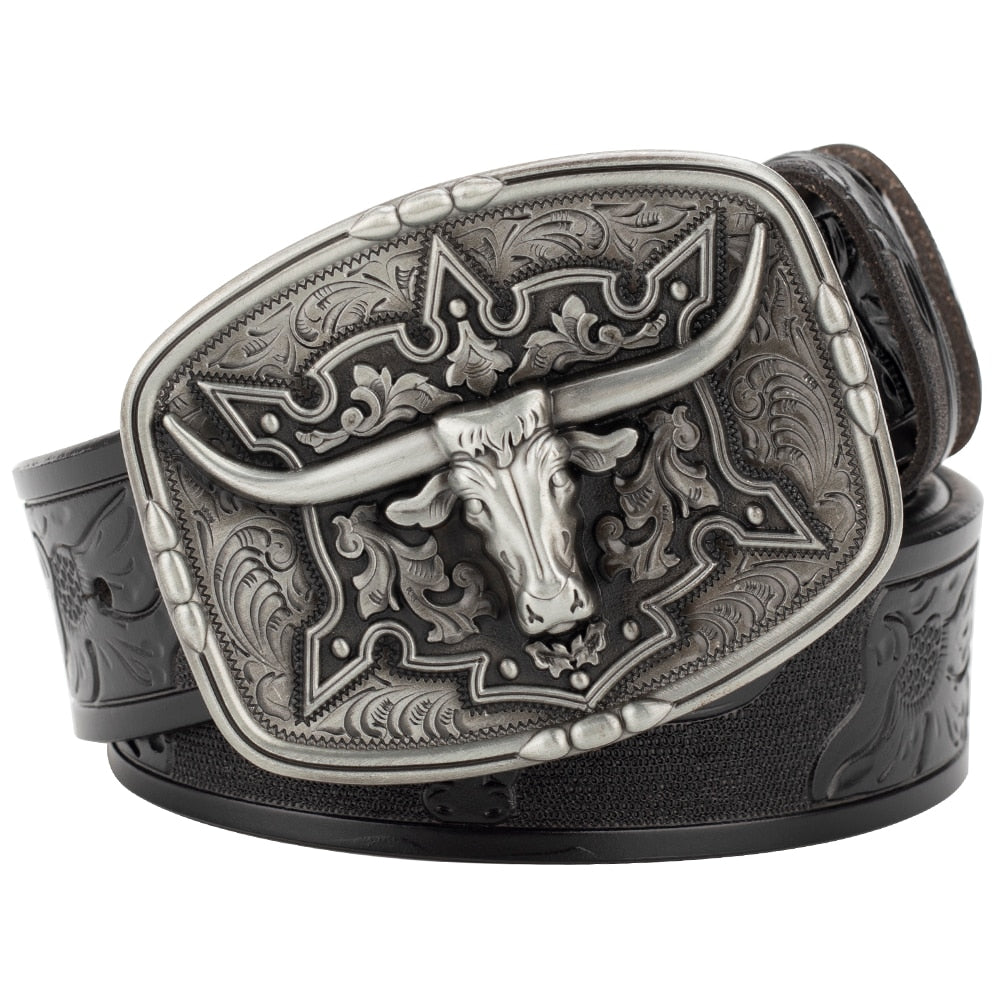Fashion Men's Belt West Cowboy Genuine Leather Bull Head Buckle