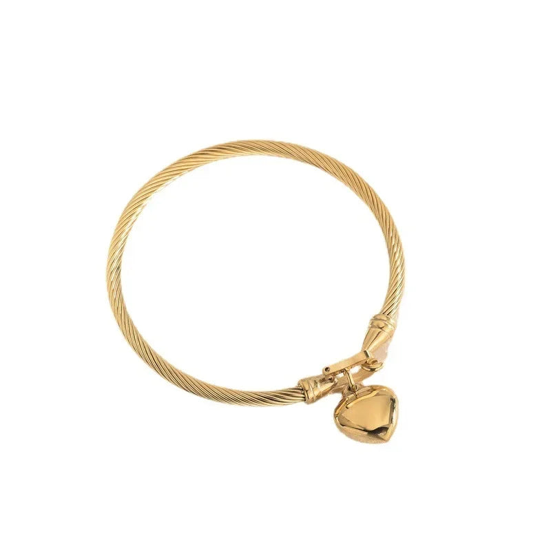 Titanium Steel 18K Gold Plated Heart Charm Bracelet – Simple Elegant Cable Bangle for Women Daily Wear