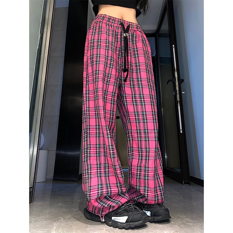 Wide Leg Checked Women High Waist Baggy Joggers Trousers