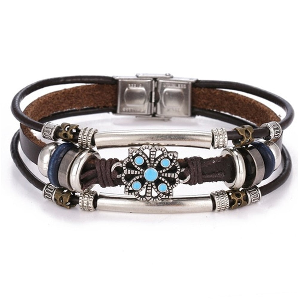 Vintage Gothic Punk Moon Star Metal Multilayer Leather Bracelet Unisex Leaf Bracelets