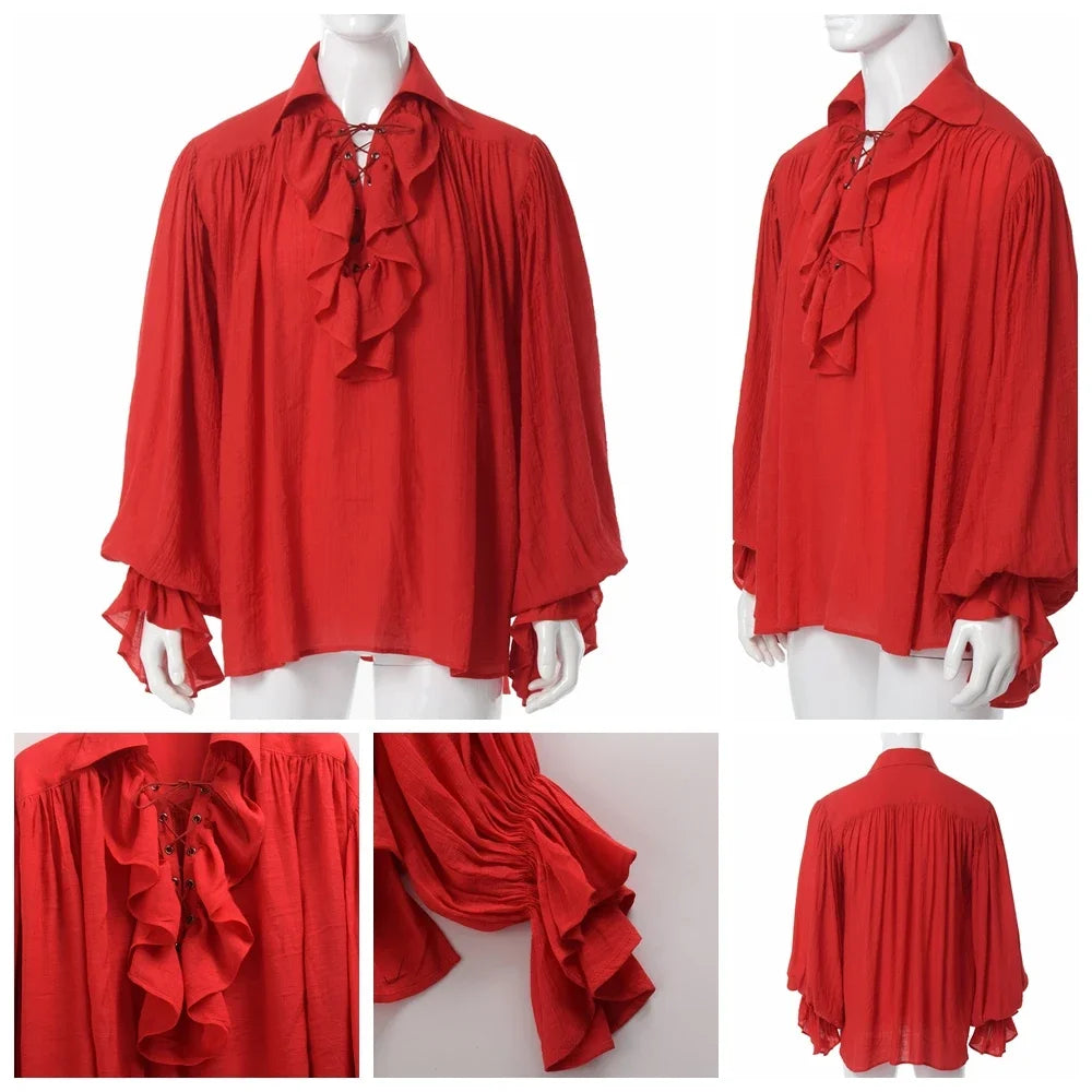 Men’s Ruffled Pirate Shirt – Gothic Renaissance Lace-Up Poet Blouse for Cosplay & Festivals