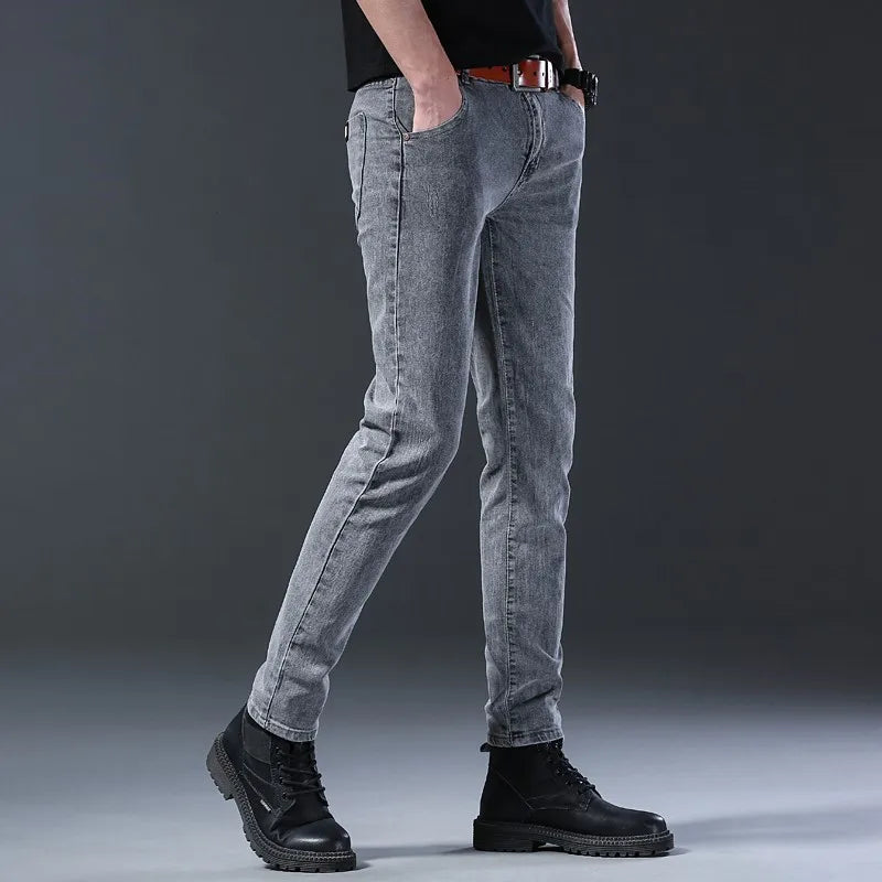 Grey Denim Jeans Male Elastic Pants Fashion Men's Long Thin slim fit