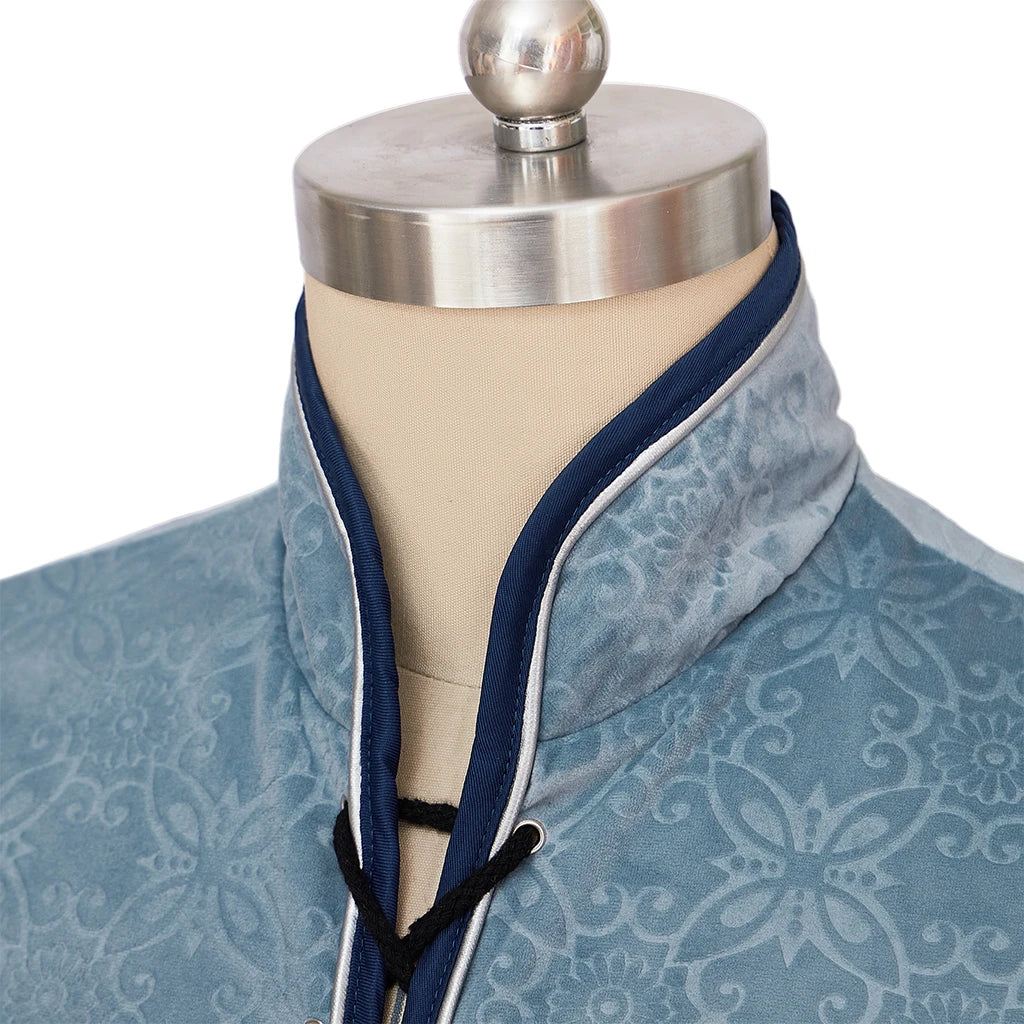 Medieval Renaissance Tudor Elizabethan Jerkin Vest – Colonial Blue Brocade Costume Vest for Men