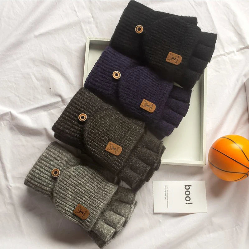 Knitted Fingerless Gloves Winter Thicken Warm Touch Screen Gloves for Men Women