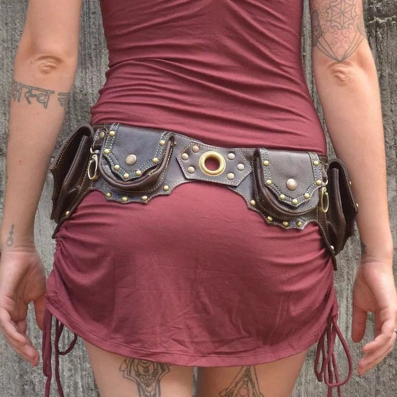 Medieval Steampunk PU Leather Utility Belt Vintage Hip Bag Pocket Women Fanny Pack Viking Knight Festival Waist Wallet