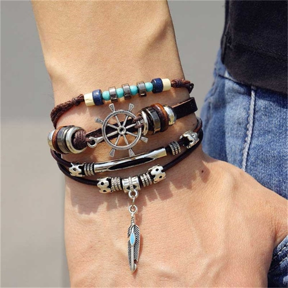 Vintage Gothic Punk Moon Star Metal Multilayer Leather Bracelet Unisex Leaf Bracelets