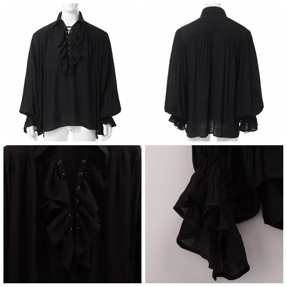 Men’s Ruffled Pirate Shirt – Gothic Renaissance Lace-Up Poet Blouse for Cosplay & Festivals