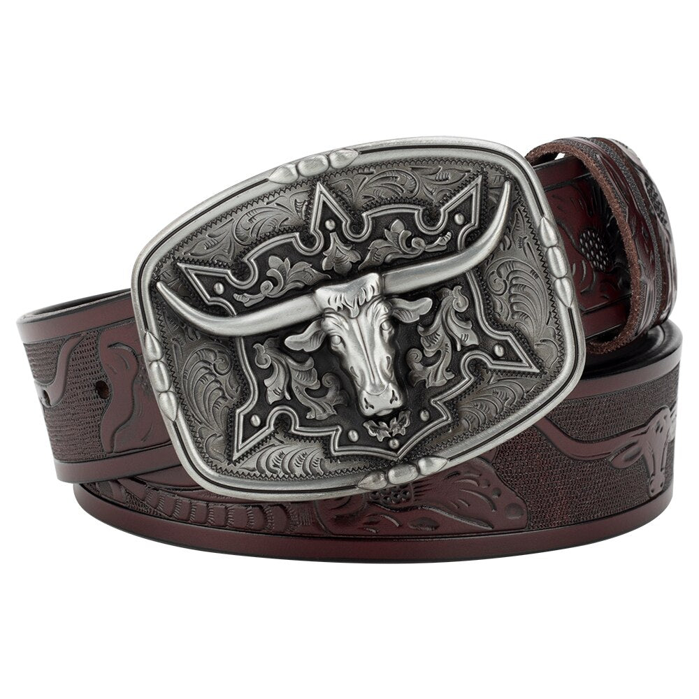 Fashion Men's Belt West Cowboy Genuine Leather Bull Head Buckle
