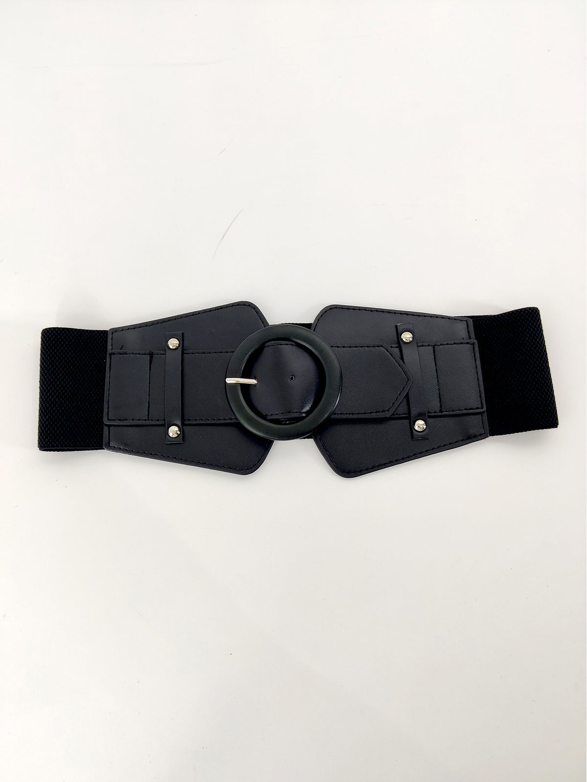 Women’s Wide Stretch Corset Belt – Elastic Cummerbund Waist Cincher with Round Buckle, PU Leather Panels, Adjustable Plus Size Dress Belt
