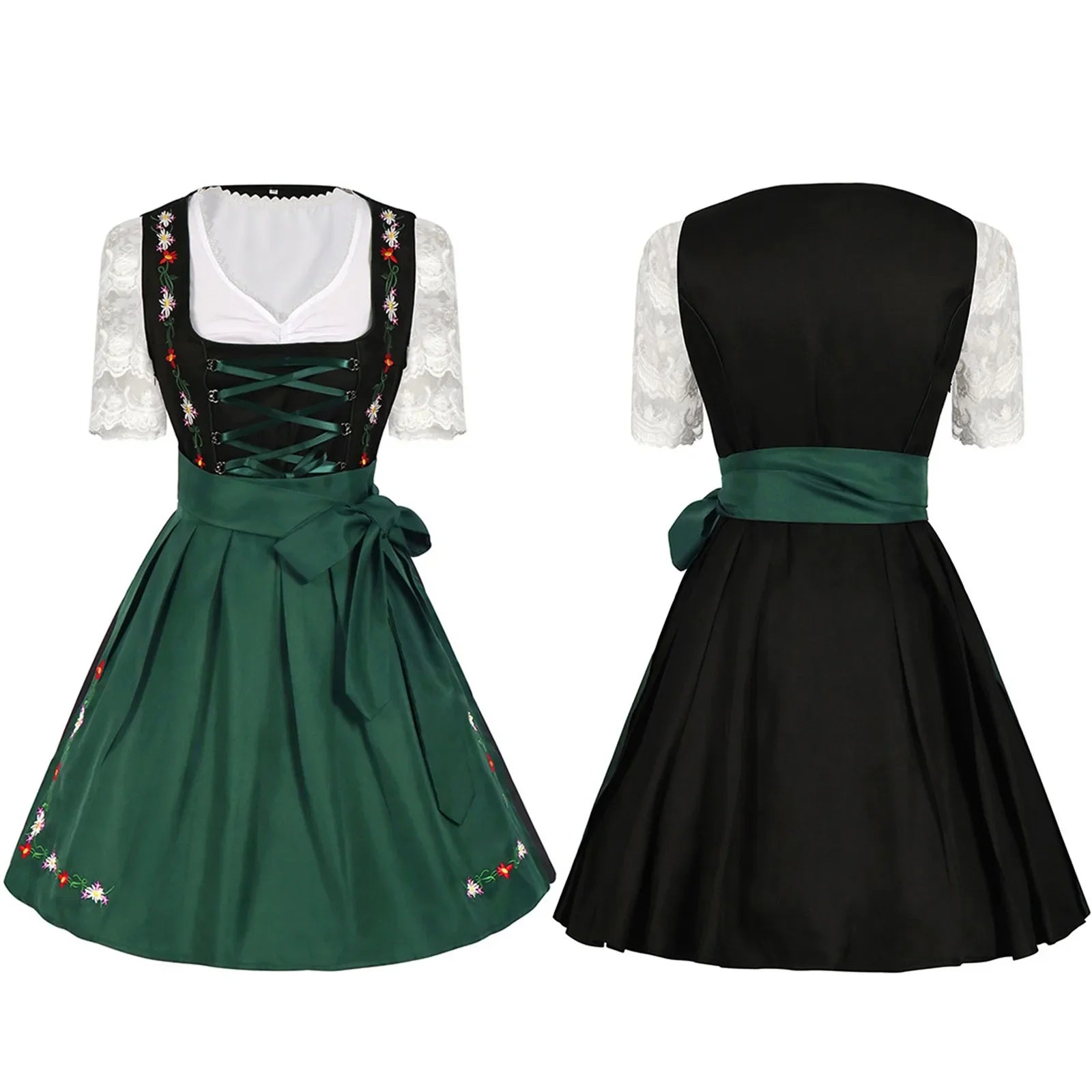 Women’s Black & Green Dirndl Dress – Traditional Bavarian Oktoberfest Costume with Embroidered Apron & Lace Blouse