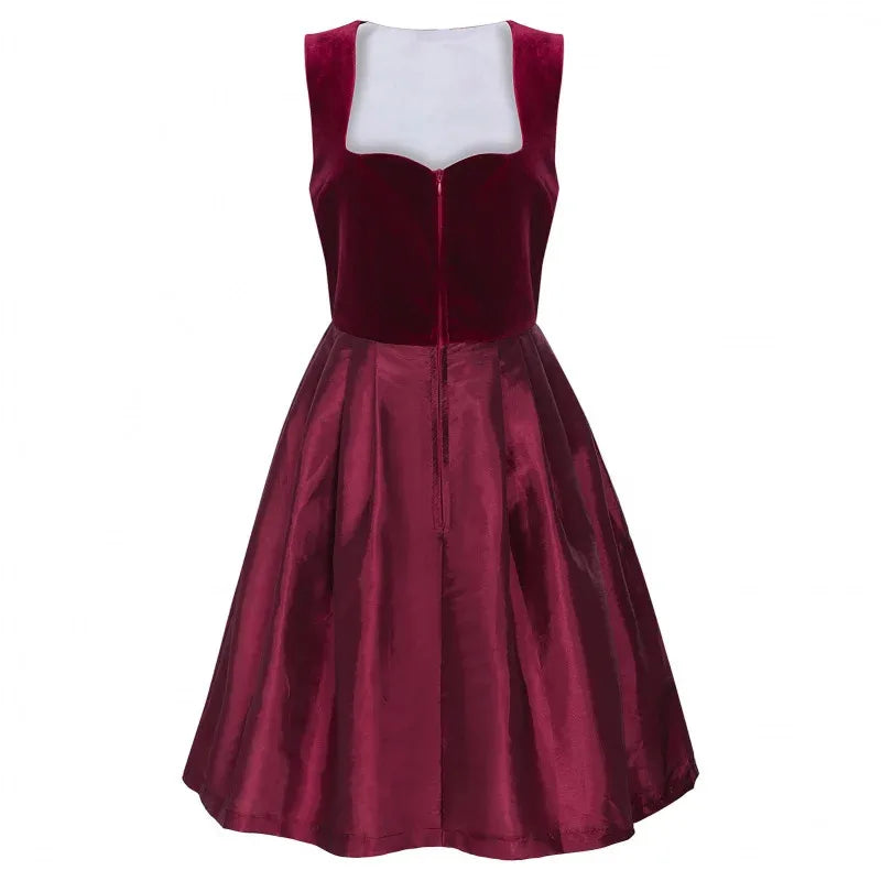 Women’s Burgundy Velvet Dirndl Dress – Bavarian Oktoberfest Costume with Patterned Apron
