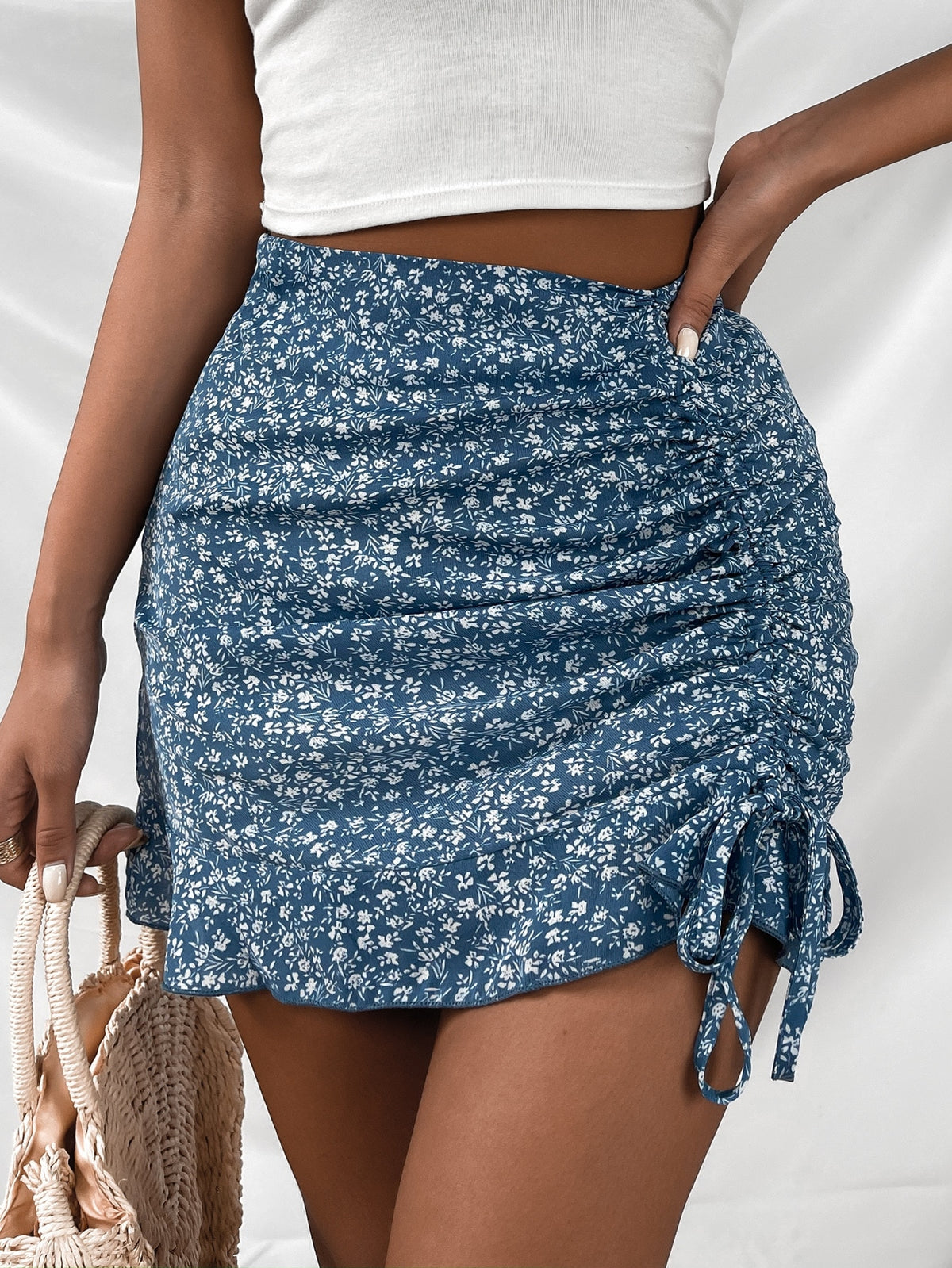 Women Ruffle Summer Mini Skirts Knot Ruched Floral Print