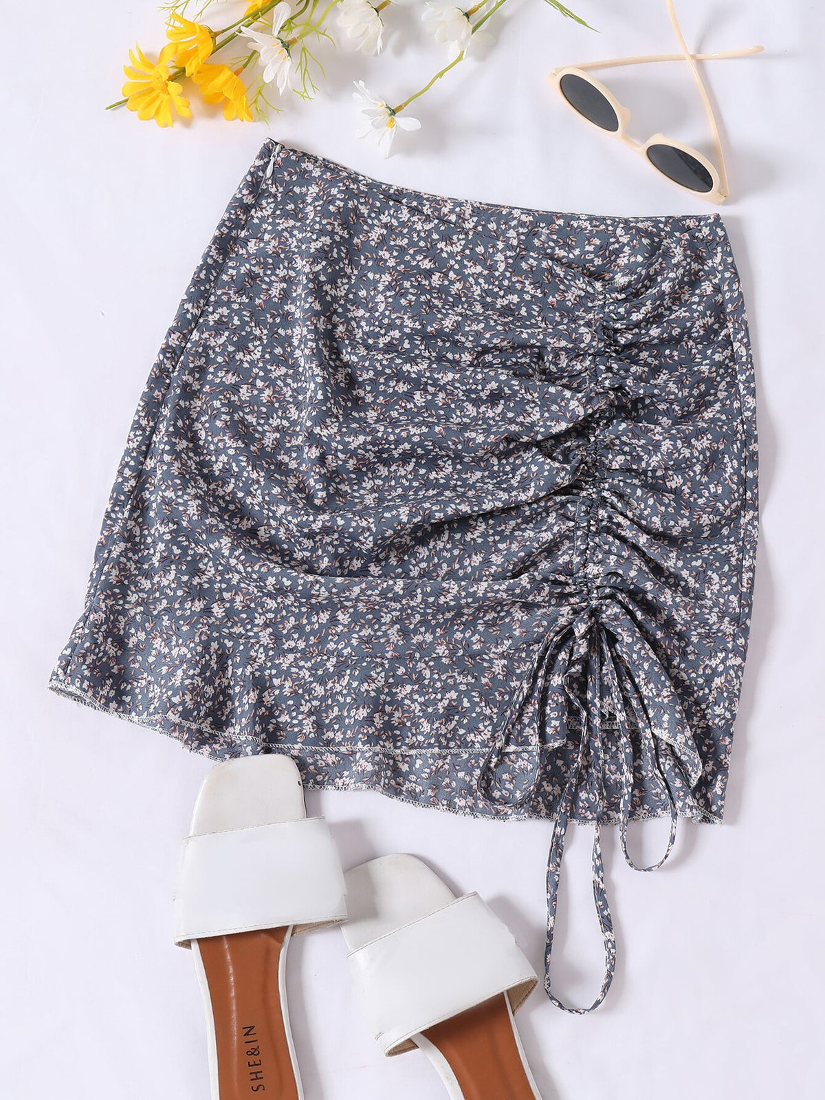 Women Ruffle Summer Mini Skirts Knot Ruched Floral Print