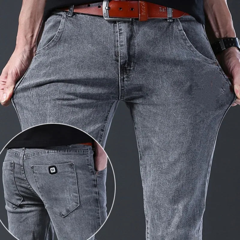 Grey Denim Jeans Male Elastic Pants Fashion Men's Long Thin slim fit