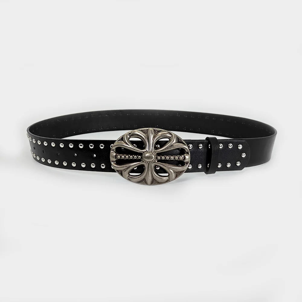Black Punk Rock Studded Belt with Vintage Silver Cross Buckle – Gothic Fashion Waist Belt for Jeans & Dresses