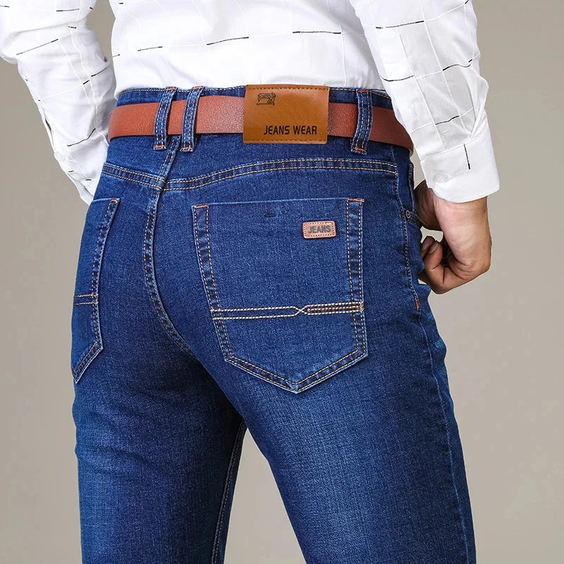 Men's Classic  Fitted Stretch Jeans Business Casual Cotton Denim Straight Leg Pants